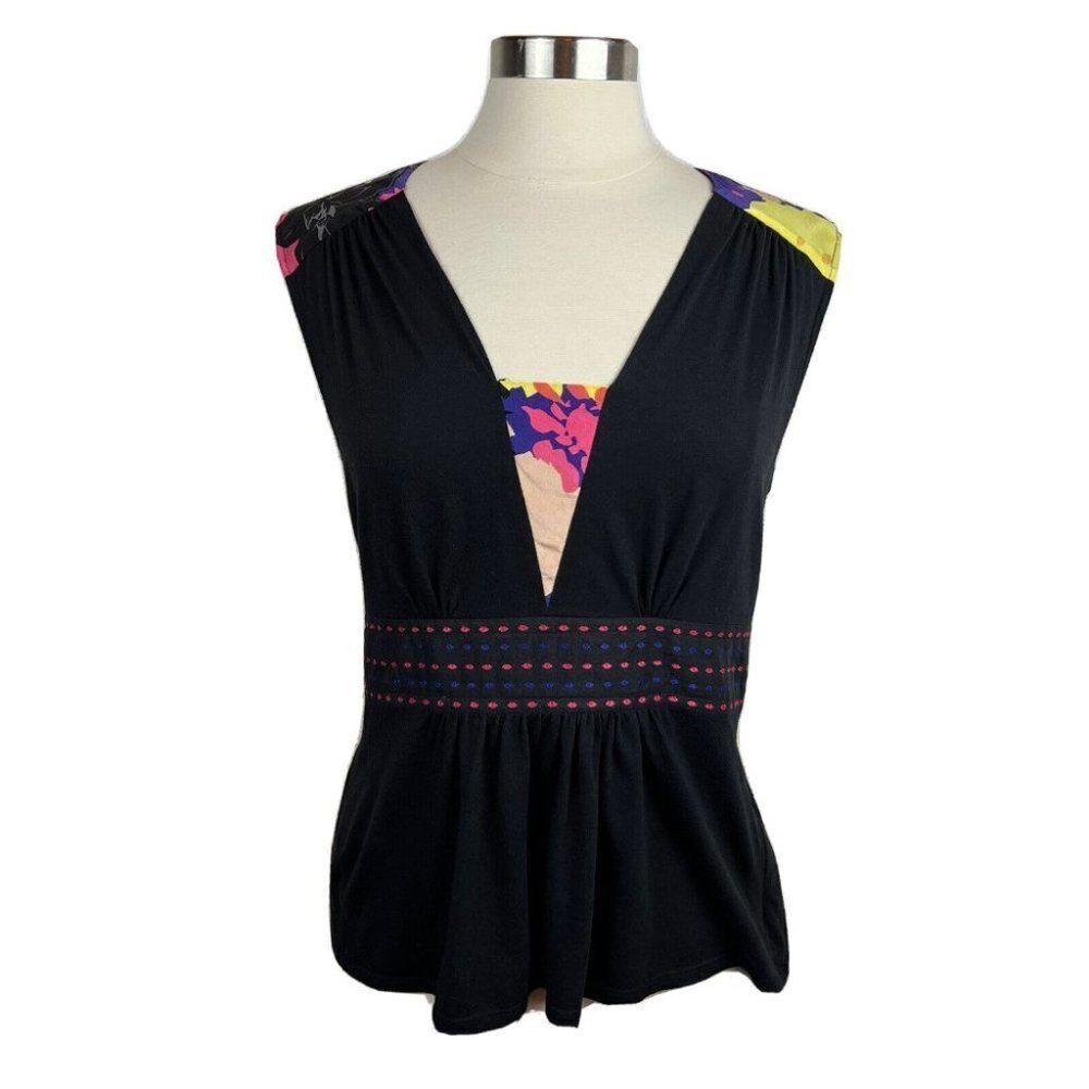 Plenty Tracy Reese Tank Top M Womens Black Floral Print Cotton Blend V Neck